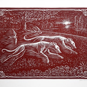 May include: A red and white woodblock print of two greyhounds running through a field of flowers. The sun is setting in the background, and there are birds flying in the sky. The print is signed and dated by the artist.