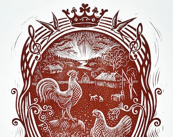 Chicken Art, Hen, Rooster Linocut Print. Country Farmhouse Wall Art. Linoleum Block Print.