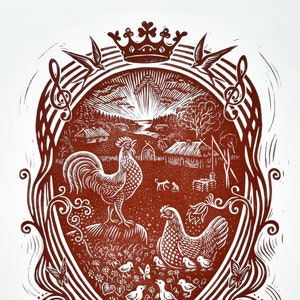 Chicken Linocut Print: Signed Farmhouse Rooster Art