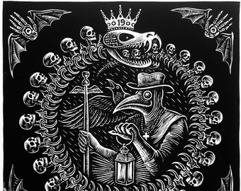 May include: Black and white woodcut print of a plague doctor holding a lantern and a staff with a skull on top. The doctor is surrounded by a circle of skulls and bats.