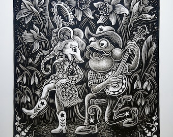 Frog and Mouse Linocut