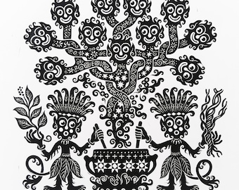 Shamans Linocut Print, Original Wall Art.