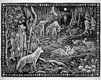 Paleo Hunter Linocut Print: Man, Wolf, and Ice Age Mammoths