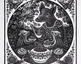 Mother Boar and Piglets Having Borsch for Dinner. Linocut Print. Kitchen Wall Art.
