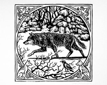 Wolf and Raven Linocut Print.