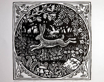 Hare, Rabbit, Bunny Linocut Print.