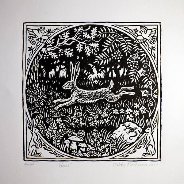 Hare, Rabbit, Bunny Linocut Print.