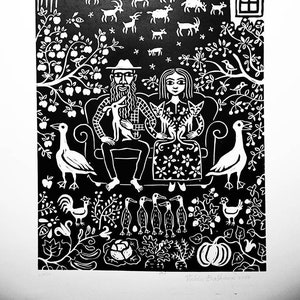 May include: Black and white linocut print of a couple sitting on a couch with their pets. The couple is surrounded by a garden with trees, flowers, and animals. The print is titled "Folklore Breakfast" and signed by the artist.