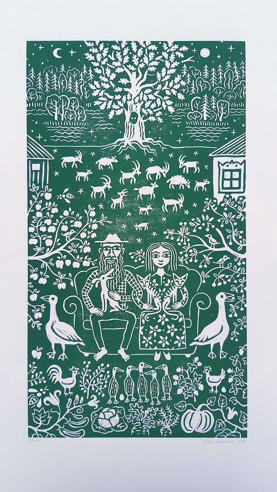 Farm Couple Linocut Print. Permaculture Wall Art.