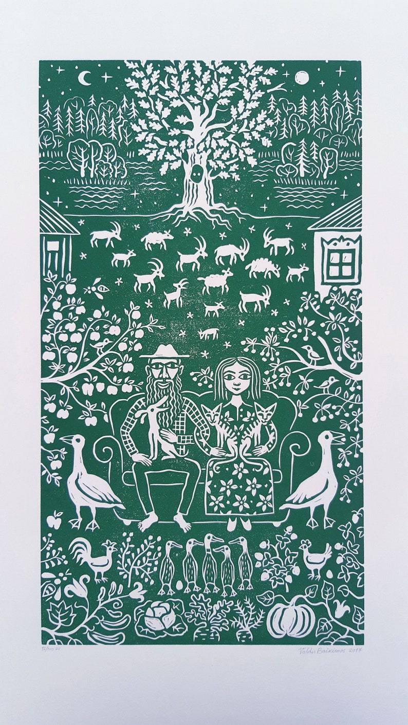 May include: A green linocut print of a couple sitting on a couch in a garden setting. The couple is surrounded by trees, flowers, birds, and animals. The print is titled "Folklore" and dated 2019.