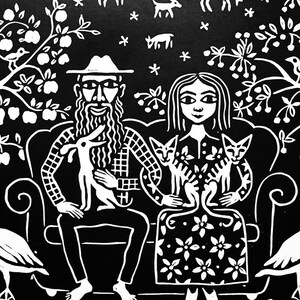 May include: A black and white linocut print of a couple sitting on a couch with their pets. The man has a beard and is wearing a plaid shirt. The woman is wearing a floral dress. They are surrounded by a variety of animals, including goats, birds, and a dog.