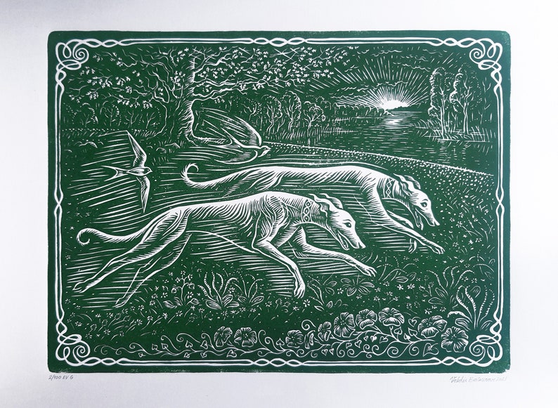 May include: A green woodblock print of two white greyhounds running through a field of flowers. The sun is setting in the background, and there are two birds flying in the sky.