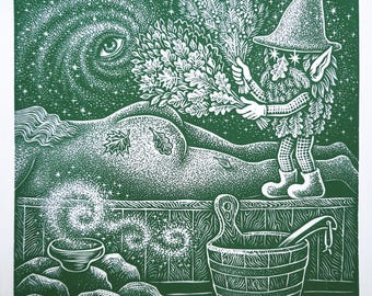 Sauna Spirit Linocut Print, Banya Elf Art