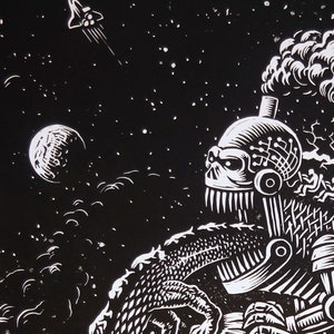 May include: Black and white illustration of a robotic creature in space. The creature has a skull-like head with gears and wires, and a body made of metal plates. A small spaceship flies in the background.