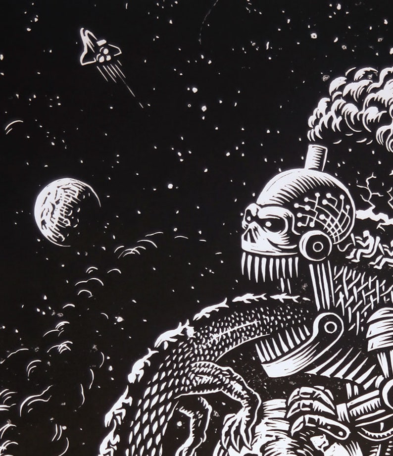 May include: Black and white illustration of a robotic creature in space. The creature has a skull-like head with gears and wires, and a body made of metal plates. A small spaceship flies in the background.