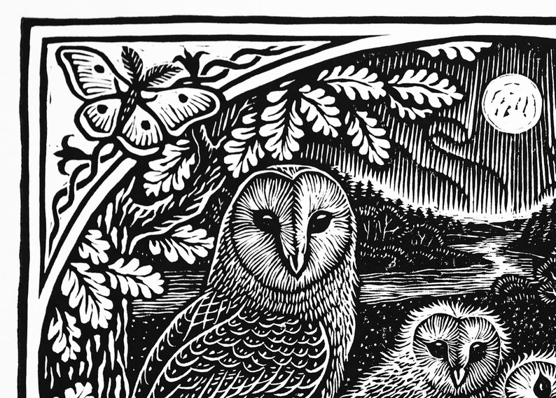 Owl linocut woodcut print. Barn owls family cottage farmhouse Etsy