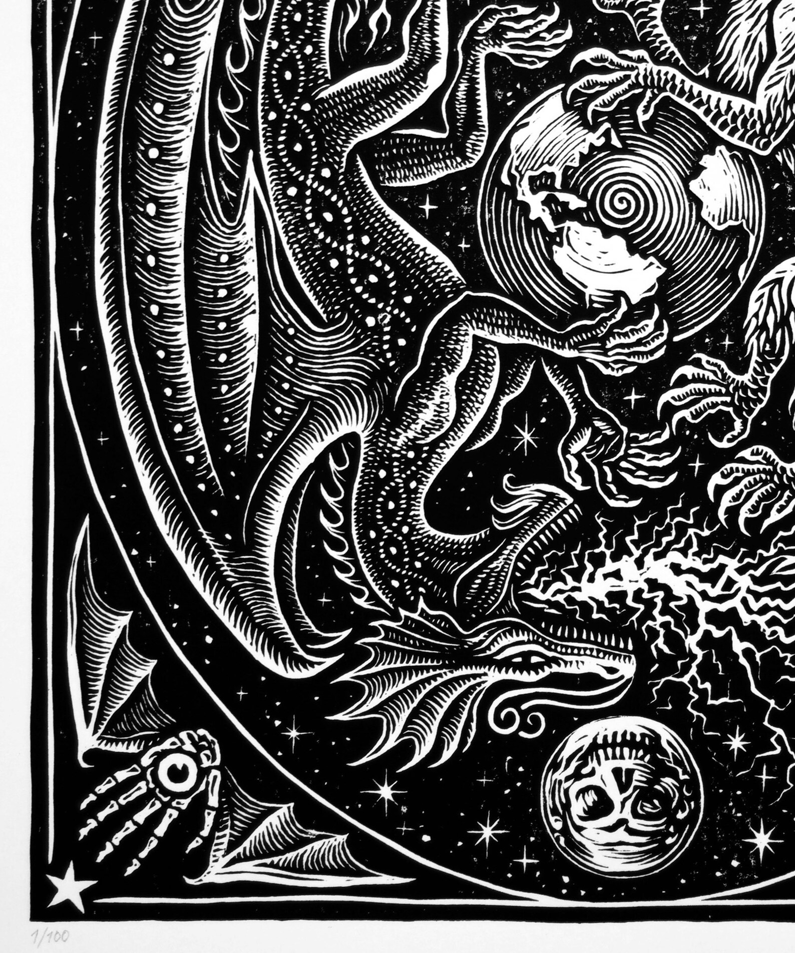 Dragon Phoenix Linocut Print Griffin Yin Yang Celestial Etsy UK