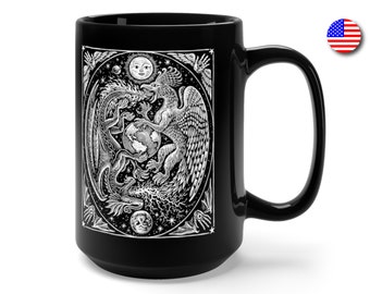 Dragon, Phoenix Alchemy Ouroboros Black Mug. Griffin, Celestial, Gryphon, Griffon, Occult, Marriage Mug.