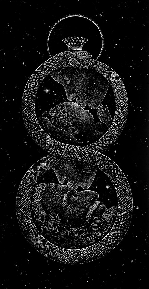 Loop of Life, Ouroboros, Linocut Print, Newborn, Grandfather, Celestial  Infinity Eclipse, Original Art. - Etsy