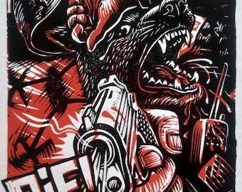 Pif! War dog, linocut print.