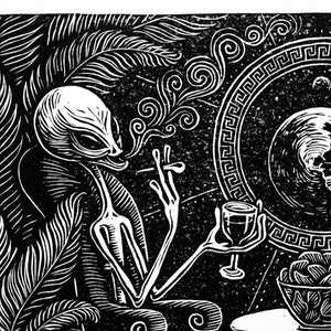 May include: Black and white woodcut print of an alien smoking a cigarette and holding a glass of wine. The alien is sitting in a chair with a bowl of chips on a table in front of them. The background features a stylized image of the Earth.