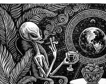 Alien Couple Drinking Wine, Smoking Weed Linocut Print, Funny UFO Wall Art.