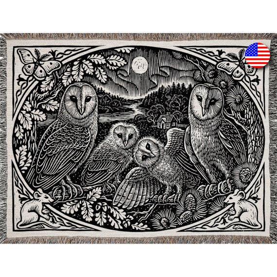 Woven Owl Throw Blanket: Boho Cottage Farmhouse Decor