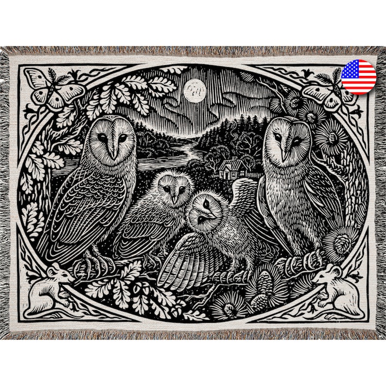 May include: Black and white woven tapestry featuring a moonlit forest scene with four owls and two mice. The owls are perched on branches with their wings spread. The scene is framed by a decorative border.