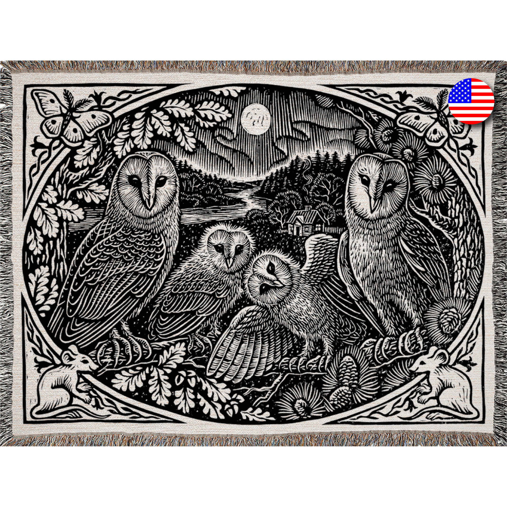 Woven Owl Throw Blanket: Boho Cottage Farmhouse Decor