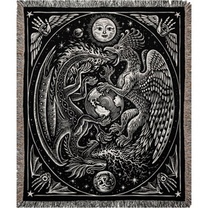 May include: Black and white woven tapestry featuring a dragon and a phoenix facing each other. The dragon is on the left and the phoenix is on the right. They are both holding a globe in the center of the tapestry. The background is a starry night sky with a sun and moon in the upper corners.