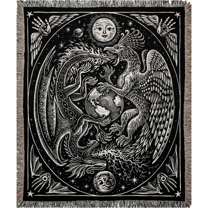 May include: Black and white woven tapestry featuring a dragon and a phoenix facing each other. The dragon is on the left and the phoenix is on the right. They are both holding a globe in the center of the tapestry. The background is a starry night sky with a sun and moon in the upper corners.