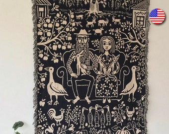 Woven Blanket, Farm Couple Art Wall Blanket, Cottage, Farmhouse, Permaculture, Cotton Throw Blankets.