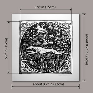 May include: Black and white woodblock print of a stylized greyhound running through a forest scene. The print is framed by a decorative border with birds and foliage. The print measures 5.9 inches by 5.9 inches.