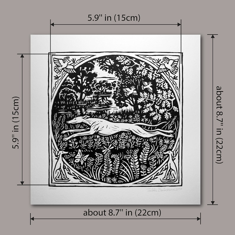 May include: Black and white woodblock print of a stylized greyhound running through a forest scene. The print is framed by a decorative border with birds and foliage. The print measures 5.9 inches by 5.9 inches.