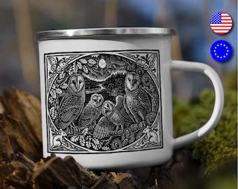 Barn Owl Enamel Camp Mug: Black and White Cottage Art