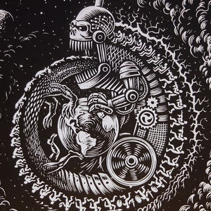 May include: A black and white woodcut print of a mechanical creature holding a globe. The creature is made of gears, cogs, and other mechanical parts. The globe is surrounded by a swirling cloud of smoke.