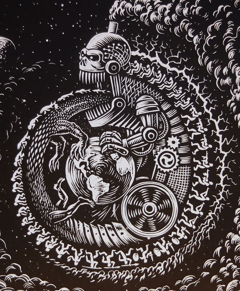 May include: A black and white woodcut print of a mechanical creature holding a globe. The creature is made of gears, cogs, and other mechanical parts. The globe is surrounded by a swirling cloud of smoke.