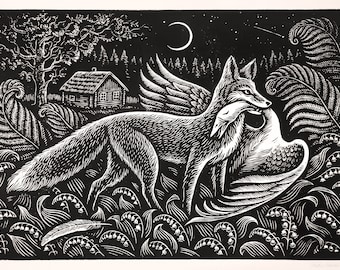 Fox and goose linocut print.