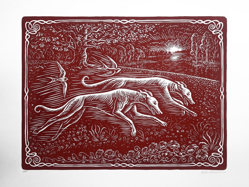 May include: A red and white woodblock print of two greyhounds running through a field of flowers. The sun is setting in the background, and there are birds flying in the sky. The print is signed and dated by the artist.