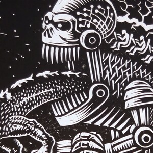 May include: Black and white linocut print of a robot with a large head and sharp teeth. The robot is wearing a helmet with a complex design and has a mechanical arm. The background is a dark, starry sky.