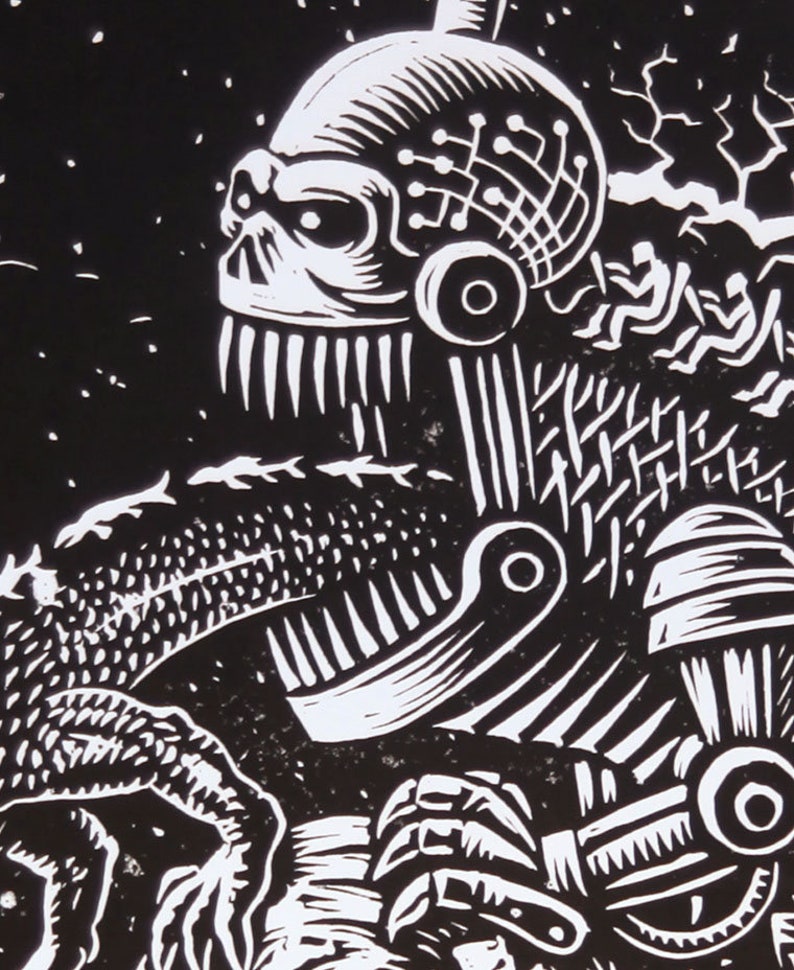 May include: Black and white linocut print of a robot with a large head and sharp teeth. The robot is wearing a helmet with a complex design and has a mechanical arm. The background is a dark, starry sky.