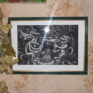 Linosnede print wolf en hond.