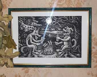 Wolf and Dog Linocut Print.