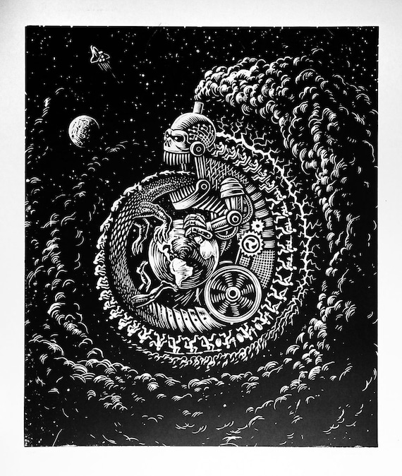 Death Metal, Steampunk Art. Ouroboros Linocut Print.