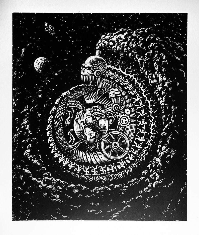 May include: A black and white woodcut print of a robot holding a globe in its hand. The robot is surrounded by clouds and stars. The robot is made of gears and other mechanical parts.