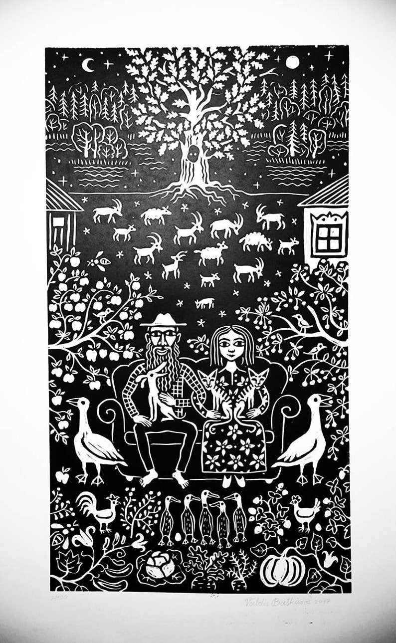 May include: Black and white linocut print of a couple sitting on a couch with their pets. The couple is surrounded by a garden with trees, flowers, and animals. The print is titled "Folklore Breakfast" and signed by the artist.