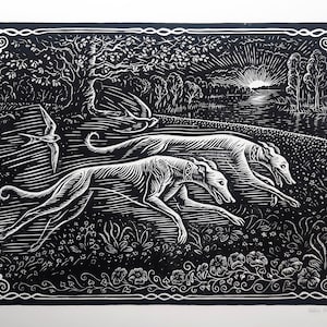 Greyhound Couple Linocut Print: Signed Original Dog Art