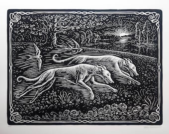 Greyhound Couple Linocut Print: Signed Original Dog Art