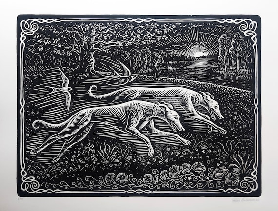 Greyhound Couple Linocut Print: Signed Original Dog Art