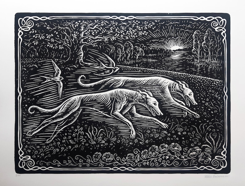 May include: Black and white woodcut print of two greyhounds running through a field of flowers. The sun is setting in the background, and there are birds flying in the sky.